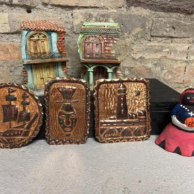 Sale Photo Thumbnail #62: Street scene candle holders, copper plates and Cuban Terra cotta Madonna