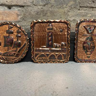 Sale Photo Thumbnail #65: Street scene candle holders, copper plates and Cuban Terra cotta Madonna