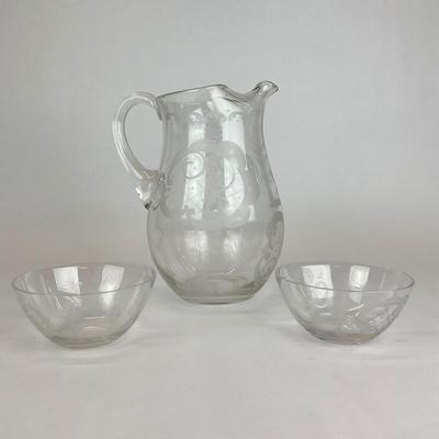 Sale Photo Thumbnail #638: Has a Deer and bird scene.
Measurements:
Bowls are 5” in diameter, 2.5” in height
Pitcher is 9.5” in height, 6.5” in body diameter