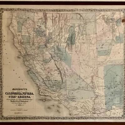 Bancroft's Framed 1876 Map California, Nevada, Utah & Arizona