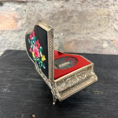 Sale Photo Thumbnail #72: Large glass trinket and glass jewelry box with etched cover, cloth covered jewelry boxes and piano music box that plays “You are Always in My Heart.”