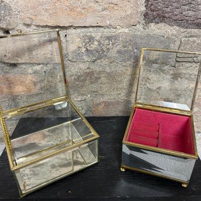 Sale Photo Thumbnail #70: Large glass trinket and glass jewelry box with etched cover, cloth covered jewelry boxes and piano music box that plays “You are Always in My Heart.”