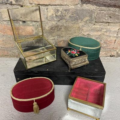 Sale Photo Thumbnail #69: Large glass trinket and glass jewelry box with etched cover, cloth covered jewelry boxes and piano music box that plays “You are Always in My Heart.”