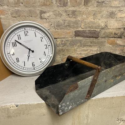 Sale Photo Thumbnail #77: Antique grain scoop and large modern decorative wall clock. Plastic frame.