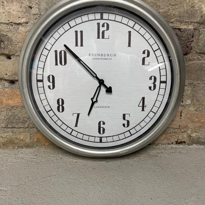 Sale Photo Thumbnail #75: Antique grain scoop and large modern decorative wall clock. Plastic frame.