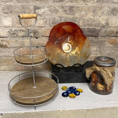 Sale Photo Thumbnail #80: Rust, gold and white swirl bowl decor, farmhouse two tiered holder, potpurri jar and set of 7 glass glob suncatchers