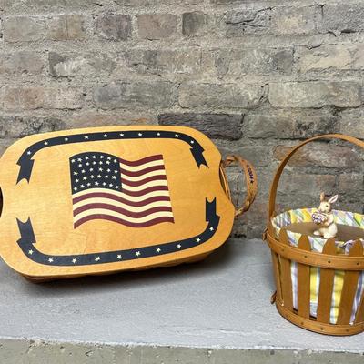 Sale Photo Thumbnail #87: Longaberger 2006 Easter basket with liner, protector and lid and Peterboro patriotic picnic basket