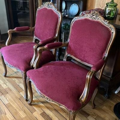 Two Antique Red Velvet Arm Chairs