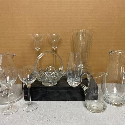 Sale Photo Thumbnail #114: What a great group of glassware items! 1940’s etched beehive vase, pair of tall stemmed candle holders, medium ice lip pitcher and small glass pitcher, Westmoreland daisy basket, Mikasa Spring Blossoms vase, and decanter with 2 wine stems