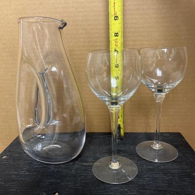Sale Photo Thumbnail #122: What a great group of glassware items! 1940’s etched beehive vase, pair of tall stemmed candle holders, medium ice lip pitcher and small glass pitcher, Westmoreland daisy basket, Mikasa Spring Blossoms vase, and decanter with 2 wine stems