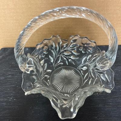Sale Photo Thumbnail #120: What a great group of glassware items! 1940’s etched beehive vase, pair of tall stemmed candle holders, medium ice lip pitcher and small glass pitcher, Westmoreland daisy basket, Mikasa Spring Blossoms vase, and decanter with 2 wine stems