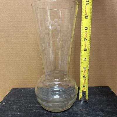 Sale Photo Thumbnail #115: What a great group of glassware items! 1940’s etched beehive vase, pair of tall stemmed candle holders, medium ice lip pitcher and small glass pitcher, Westmoreland daisy basket, Mikasa Spring Blossoms vase, and decanter with 2 wine stems
