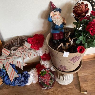 Red, white & blue items and flower pot