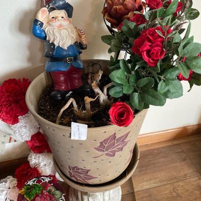 Red, white & blue items and flower pot