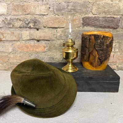 Sale Photo Thumbnail #126: Small green corduroy fedora, mango wood vase and small brass oil lamp