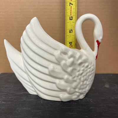 Sale Photo Thumbnail #148: Snuff jar-no lid, small brown stoneware bowl, pitcher with chip and crack, and swan planter
