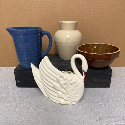Sale Photo Thumbnail #143: Snuff jar-no lid, small brown stoneware bowl, pitcher with chip and crack, and swan planter
