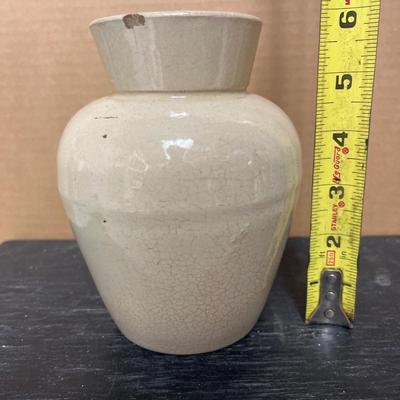 Sale Photo Thumbnail #144: Snuff jar-no lid, small brown stoneware bowl, pitcher with chip and crack, and swan planter