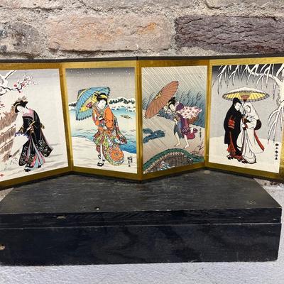 Sale Photo Thumbnail #158: Fun collection! Japanese folding screen and wood block print, and an assortment of handkerchiefs