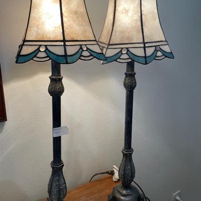 2 tall table Tiffany style lamps with blue edge