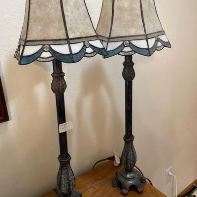 2 tall table Tiffany style lamps with blue edge