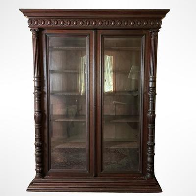 Victorian-Style Carved Wood Glass-Front Bookcase Cabinet