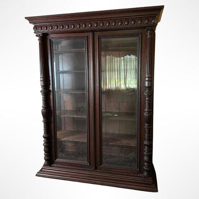 Victorian-Style Carved Wood Glass-Front Bookcase Cabinet