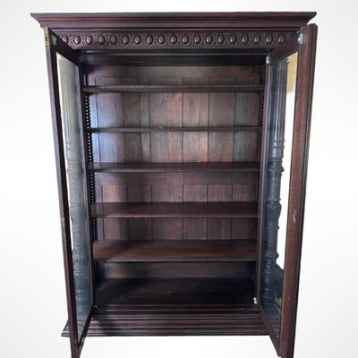 Victorian-Style Carved Wood Glass-Front Bookcase Cabinet