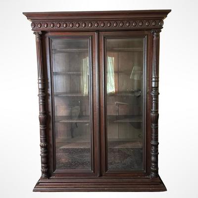 Victorian-Style Carved Wood Glass-Front Bookcase Cabinet