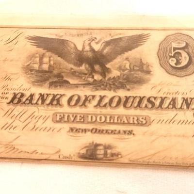 Lot #156 Bank of Louisiana $5.00 Note - New Orleans 14 June 1862 Civil War Issue