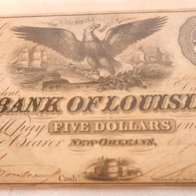 Lot #156 Bank of Louisiana $5.00 Note - New Orleans 14 June 1862 Civil War Issue