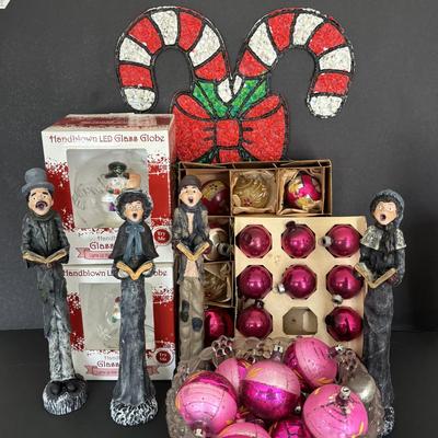 LOT 83: Vintage Ornaments, Plastic "Popcorn" Candy Cane, Hand Blown LED Globes & oMore