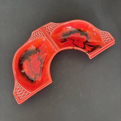 LOT 84: MCM California Original Pottery Serving Set/Lazy Susan 755 759: Bright Orange & Red