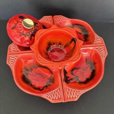 LOT 84: MCM California Original Pottery Serving Set/Lazy Susan 755 759: Bright Orange & Red