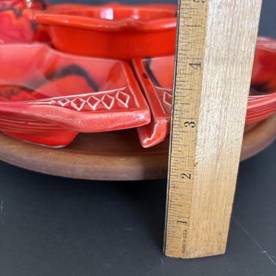 LOT 84: MCM California Original Pottery Serving Set/Lazy Susan 755 759: Bright Orange & Red