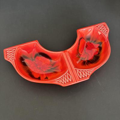 LOT 84: MCM California Original Pottery Serving Set/Lazy Susan 755 759: Bright Orange & Red