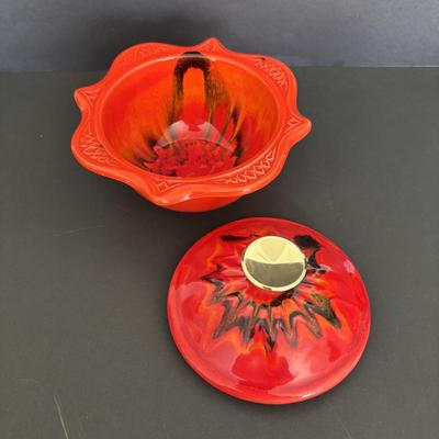 LOT 84: MCM California Original Pottery Serving Set/Lazy Susan 755 759: Bright Orange & Red
