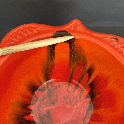 LOT 84: MCM California Original Pottery Serving Set/Lazy Susan 755 759: Bright Orange & Red