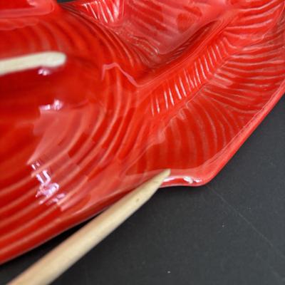 LOT 84: MCM California Original Pottery Serving Set/Lazy Susan 755 759: Bright Orange & Red