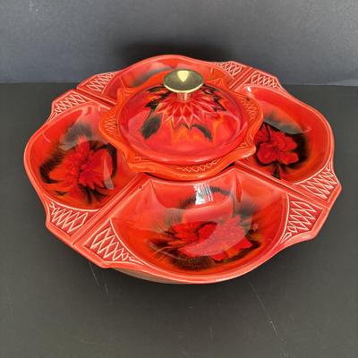 LOT 84: MCM California Original Pottery Serving Set/Lazy Susan 755 759: Bright Orange & Red