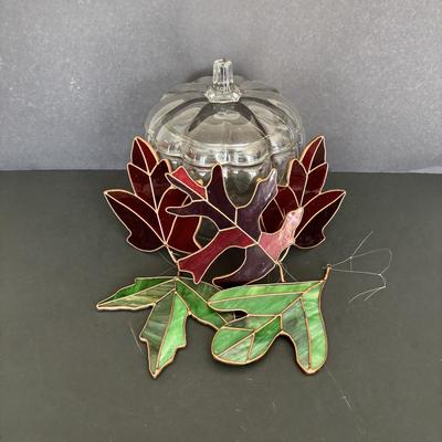 LOT 85: Set of 5 Stained Glass Leaves & Anchor Hocking Glass Pumpkin Jar