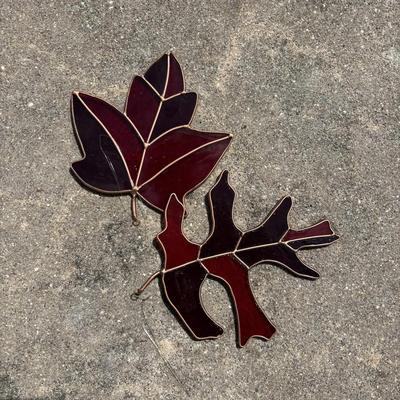 LOT 85: Set of 5 Stained Glass Leaves & Anchor Hocking Glass Pumpkin Jar