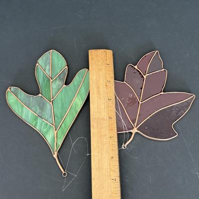 LOT 85: Set of 5 Stained Glass Leaves & Anchor Hocking Glass Pumpkin Jar