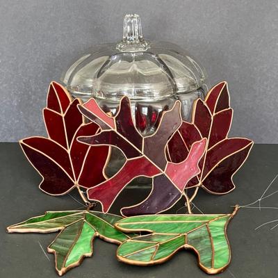 LOT 85: Set of 5 Stained Glass Leaves & Anchor Hocking Glass Pumpkin Jar