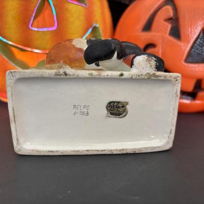 LOT 86: Vintage Halloween Pumpkin Candy Bucket, Relpo Planter & Gorilla Mask along with a 10" Fiber Optic Pumpkin ?