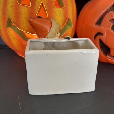 LOT 86: Vintage Halloween Pumpkin Candy Bucket, Relpo Planter & Gorilla Mask along with a 10" Fiber Optic Pumpkin ?