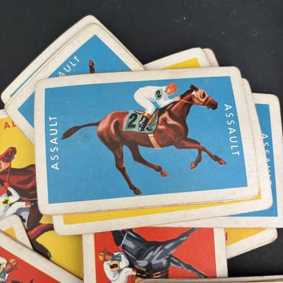 LOT 92: Vintage Marbles, Auto Bingo, Derby Board Game Pieces including Metal Horses, Playing Cards, Money, Place Tickets along with...