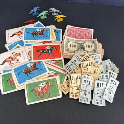 LOT 92: Vintage Marbles, Auto Bingo, Derby Board Game Pieces including Metal Horses, Playing Cards, Money, Place Tickets along with...