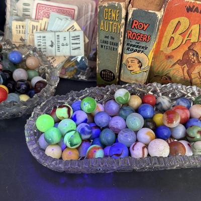 LOT 92: Vintage Marbles, Auto Bingo, Derby Board Game Pieces including Metal Horses, Playing Cards, Money, Place Tickets along with...
