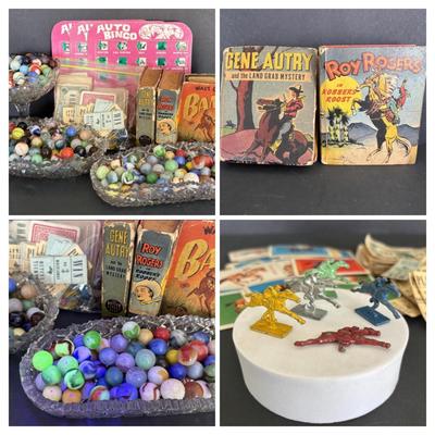 LOT 92: Vintage Marbles, Auto Bingo, Derby Board Game Pieces including Metal Horses, Playing Cards, Money, Place Tickets along with...